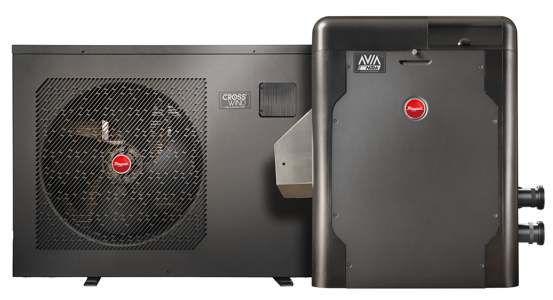 Raypak AVIA gas pool heater and Crosswind heat pump